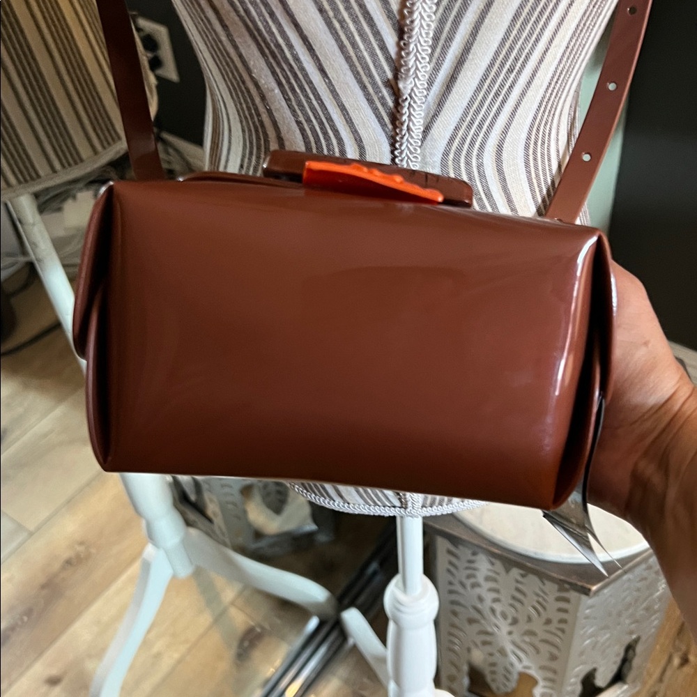 NWT. Melissa, Brown Shoulder Bag with Bright Orange Strap & Statement Buckle - Picture 5 of 7